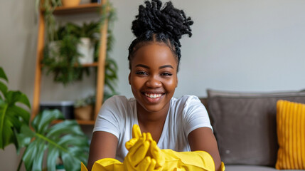 African-american cleaning woman, wearing a uniform, tidying and sanitizing indoor spaces. Cleanliness, hygiene, and professional cleaning services