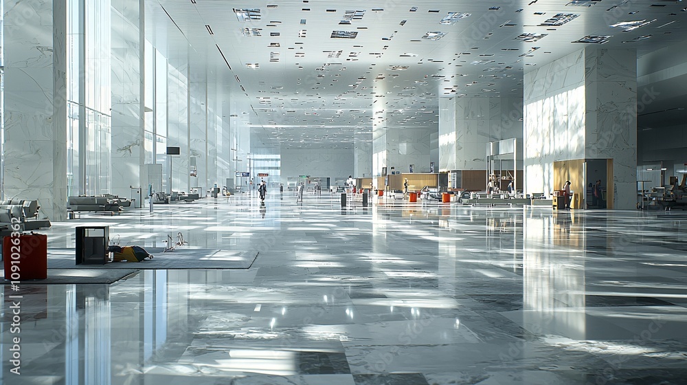 Poster modern airport terminal under construction with a focus on steel beams and glass architecture and si