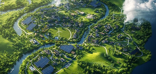 Aerial view of a sustainable eco-city. Green buildings, renewable energy sources, and lush landscapes blend seamlessly.  A model of environmental harmony.