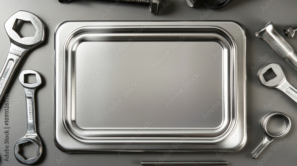 Poster a metallic tray surrounded by various tools, suggesting a workshop or mechanical setting.