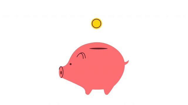 Animated of a pink piggy bank awaits one gold coin. Suitable for finance, savings, money or wealth management concept. Perfect for financial literacy, budgeting, investment, banking illustrations.