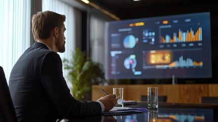 A businessperson in a high-tech boardroom presenting data on a large holographic chart, vibrant 3D graphs and statistics floating in the air,