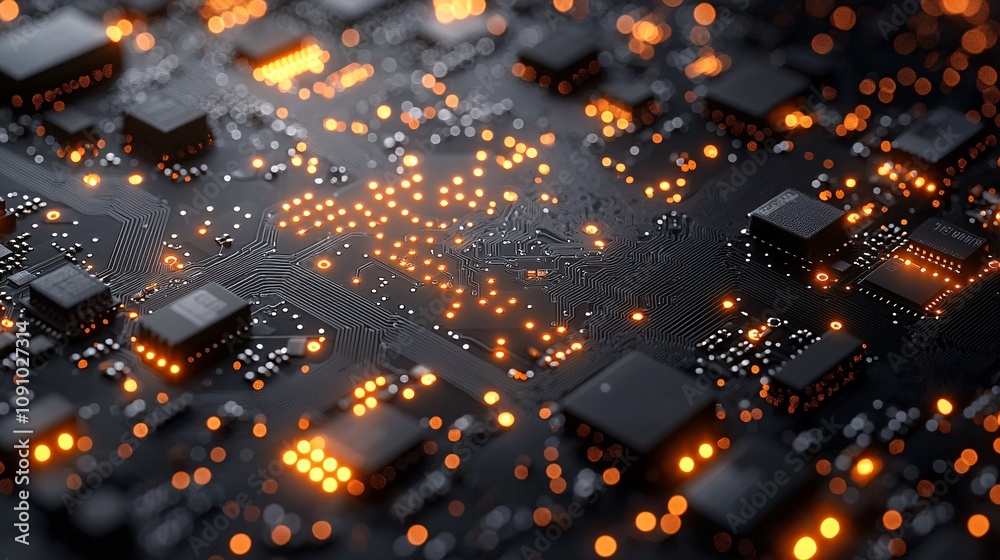 Aufkleber Closeup of a printed circuit board with glowing electrical components and detailed pathways with side empty space for text Stockphoto style
