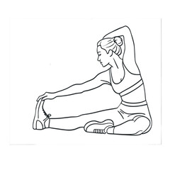 Obraz premium A woman is stretching her leg. She is wearing a tank top and shorts. She is sitting on the floor