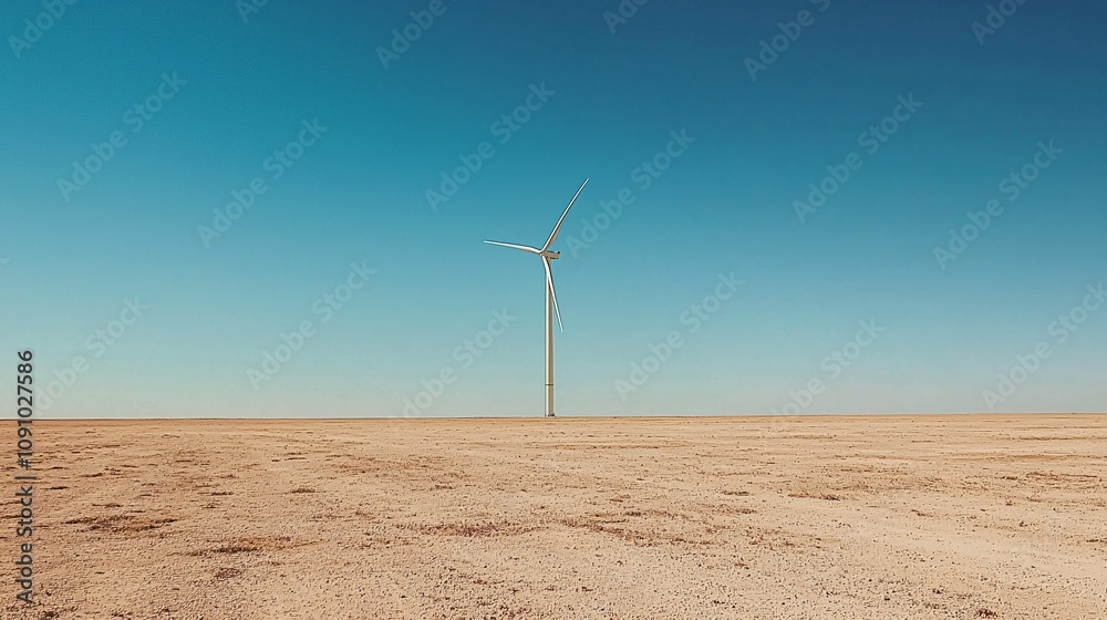 Poster a field of wind turbines generating renewable energy under a clear blue sky with a focus on sustaina