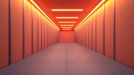 Neon Corridor: A mesmerizing, futuristic hallway bathed in vibrant orange neon light. The sleek, minimalist design creates a sense of intrigue and mystery.