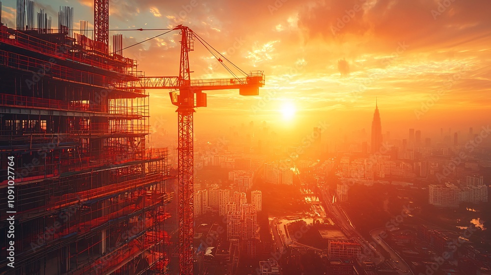 Fototapete Construction crane lifting materials against the backdrop of an urban skyline showcasing progress and engineering expertise with side empty space for text Stockphoto style