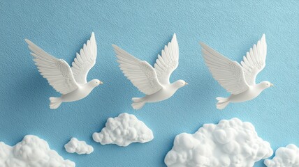 Obraz premium Three white doves soar against a light blue sky, accompanied by fluffy white clouds, evoking a sense of freedom and serenity.