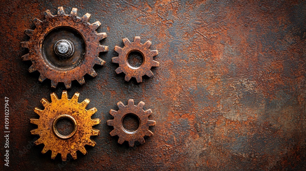 Fototapete Mechanical components and gears interlocked in a seamless design emphasizing precision engineering with side empty space for text Stockphoto style