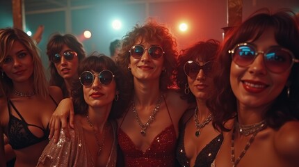 Fototapeta premium 1970s Disco Dancing. A group of friends grooving to the funky beats at a discotheque, wearing flashy disco attire, and dancing under glittering disco balls during the disco era of the 1970s 
