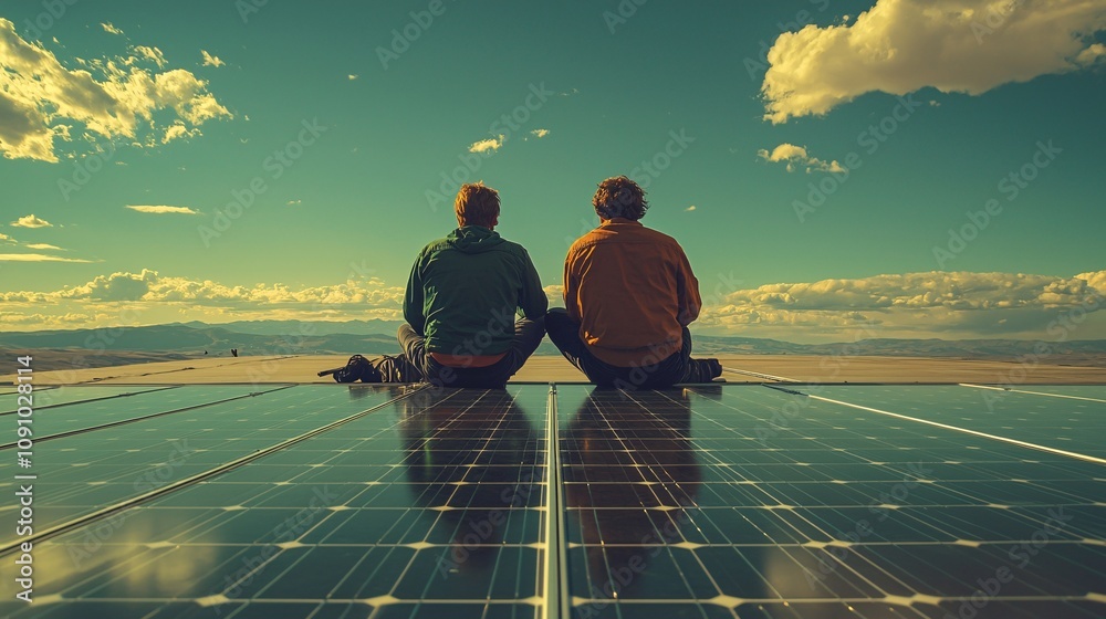 Poster Technicians inspecting solar panels on a large installation site under bright sunlight with emphasis on clean energy and side empty space for text Stockphoto style