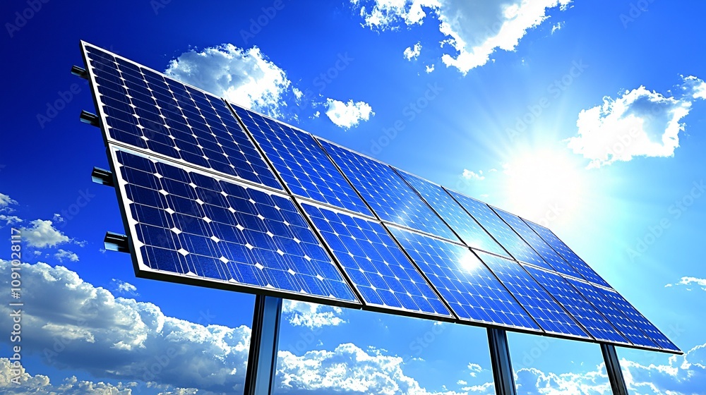 Aufkleber technicians inspecting solar panels on a large installation site under bright sunlight with emphasis