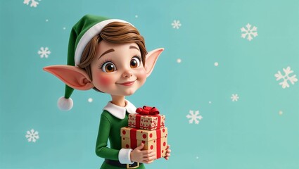 Chistmas banner with cute elf holding a gift boxes on the blue background 