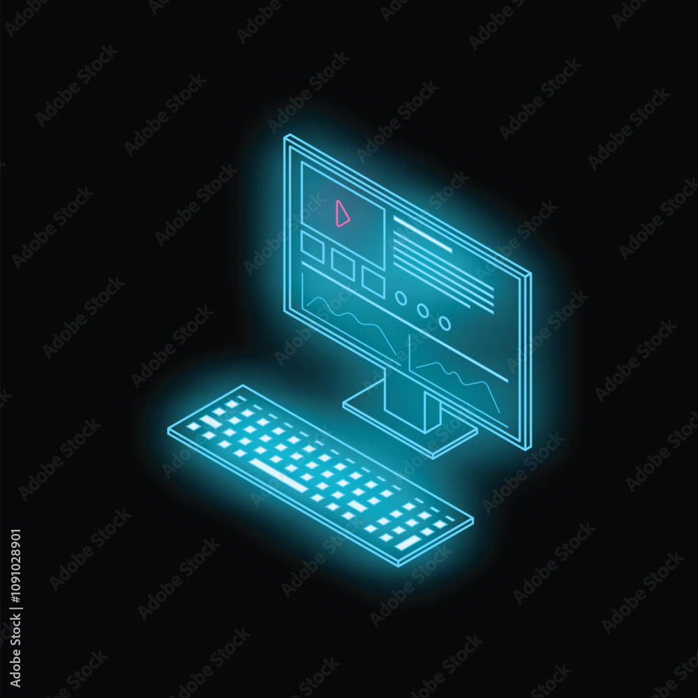 Poster neon computer displaying a video player with charts and a keyboard is set against a black background