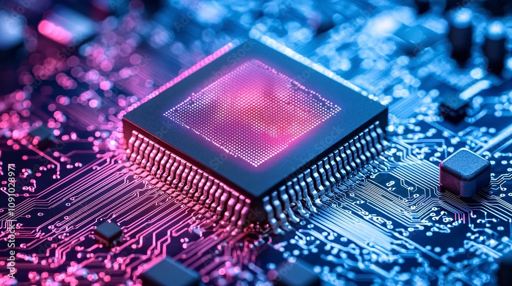 Aufkleber Detailed view of a microchip with fine etchings and circuits illuminated by a soft glow with side empty space for text Stockphoto style
