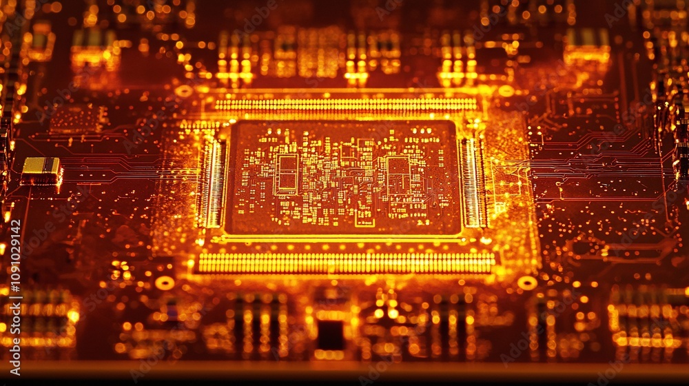 Leinwandbilder Detailed view of a microchip with fine etchings and circuits illuminated by a soft glow with side empty space for text Stockphoto style