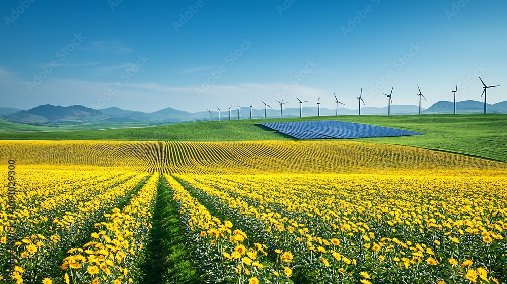 Poster renewable energy farm with rows of wind turbines and solar panels integrated into the landscape with