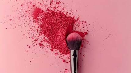 A makeup brush rests on pink powder, showcasing beauty products in a vibrant, artistic arrangement.