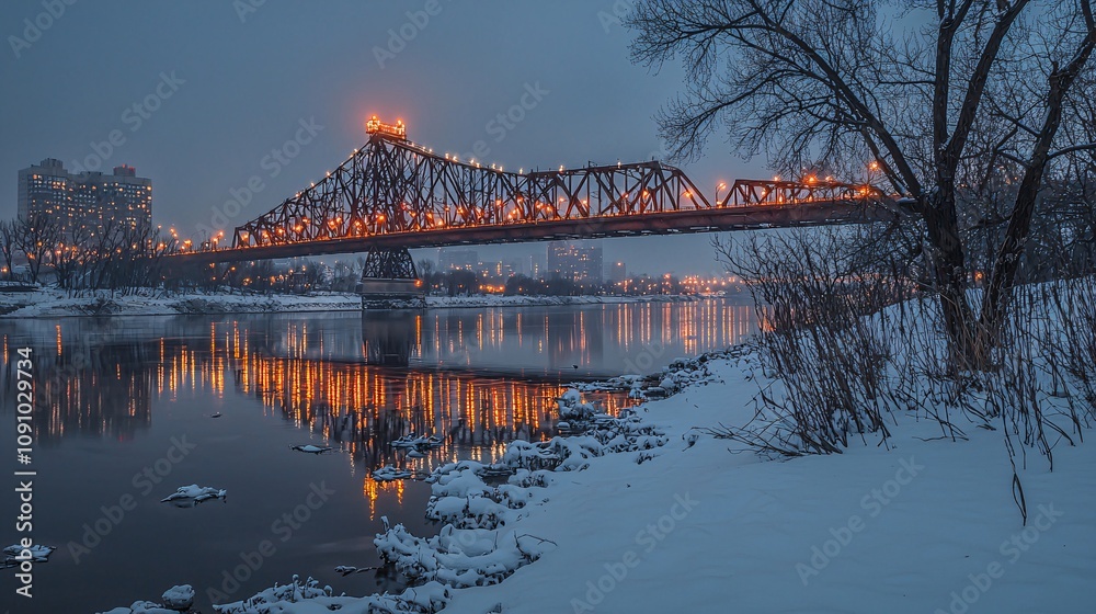 Poster An iconic bridge illuminated at night reflecting its architectural elegance and structural integrity with side empty space for text Stockphoto style