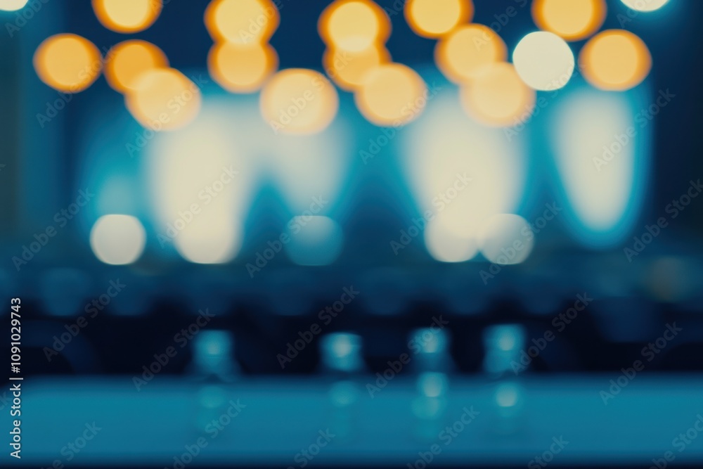 Poster blurry view of a conference or event space with soft lighting and tables.