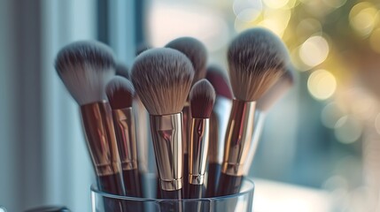 A collection of makeup brushes in a glass holder, showcasing various sizes and shapes for cosmetic application.