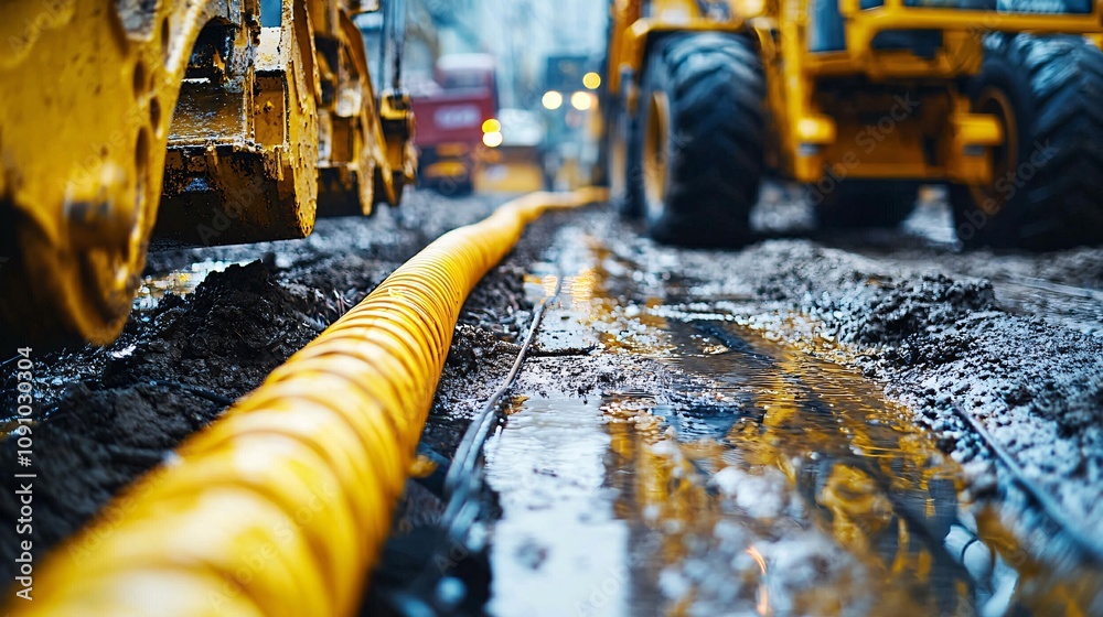 Poster Technicians installing fiber optic cables for a smart city connectivity project with heavy machinery in the background and side empty space for text Stockphoto style