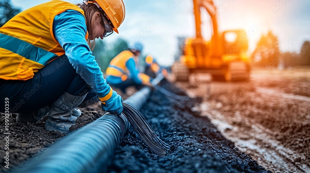 Poster technicians installing fiber optic cables for a smart city connectivity project with heavy machinery