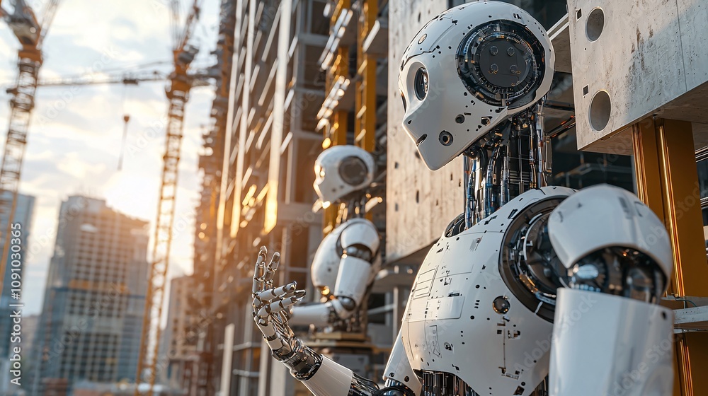 Fototapete AI-powered robots assembling prefabricated panels for a sustainable building in a smart construction site and side empty space for text Stockphoto style