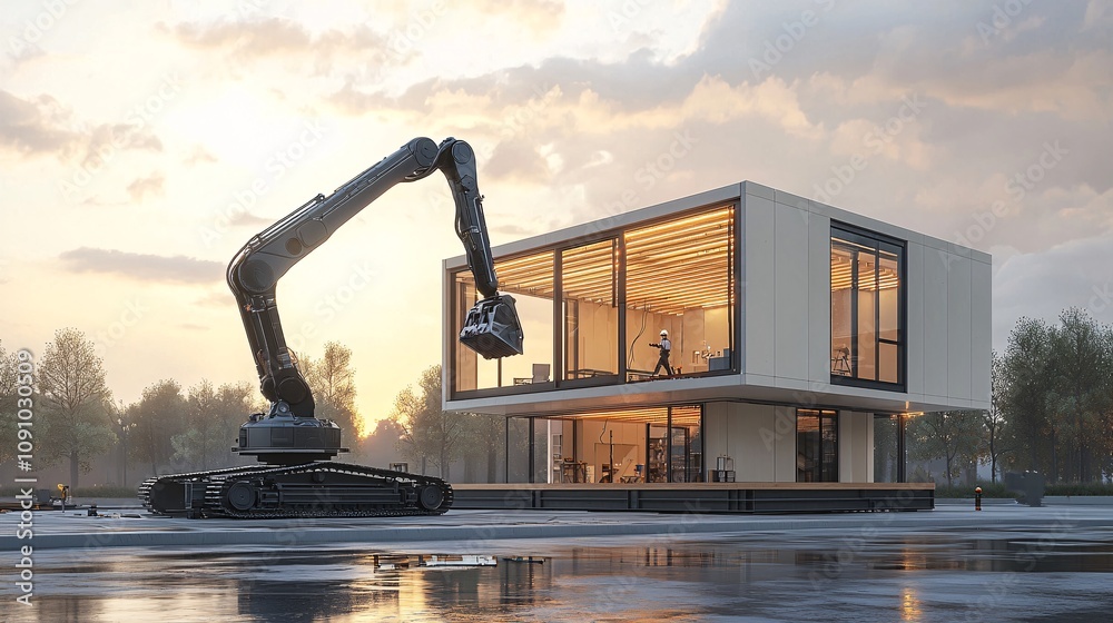 Fototapete AI-powered robots assembling prefabricated panels for a sustainable building in a smart construction site and side empty space for text Stockphoto style
