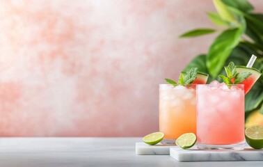 Fototapeta premium Refreshing summer cocktails with fresh lime and mint arranged on a marble surface