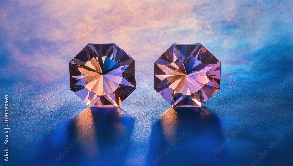 Poster Two octagonal crystal-like objects reflecting light in a colorful background.
