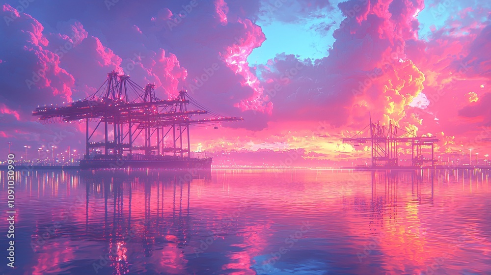 Poster Future-ready smart port infrastructure featuring automated cranes and AI-driven logistics systems with ships in the background and side empty space for text Stockphoto style