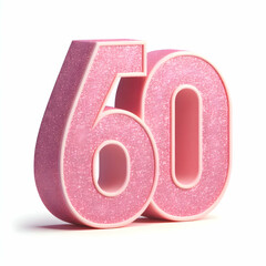 Pink 3d number 60 in glitter texture isolated on white background