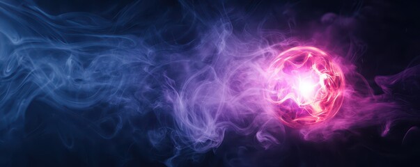 Obraz premium A vibrant, swirling mist of purple and pink hues surrounds a glowing orb, evoking a mystical and energetic atmosphere.