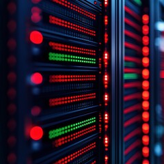 Fototapeta premium A close-up view of server racks with illuminated lights in red and green, showcasing data center technology and connectivity.