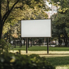 Blank advertising billboard surrounded by trees in a city park during daytime