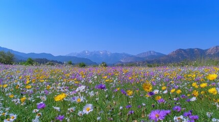 A carpet of wildflowers in shades of purple, yellow, and white, stretching beneath a clear blue sky, framed by distant mountains.
