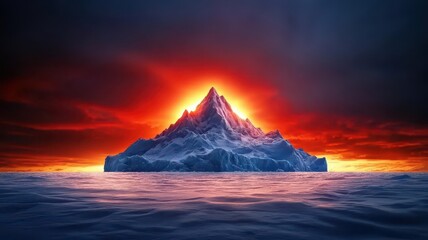 Fototapeta premium A massive iceberg glowing under the soft light of a cloudy dawn, with mist rising from the icy water, 3D render