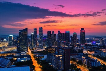 Fototapeta premium Vibrant Urban Skyline at Sunset with Modern Architecture and Colorful Lights