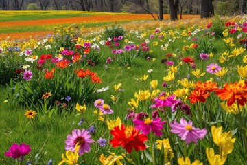 Obraz premium Picturesque Spring Wildflower Paradise: A Vibrant Blooming Meadow Landscape