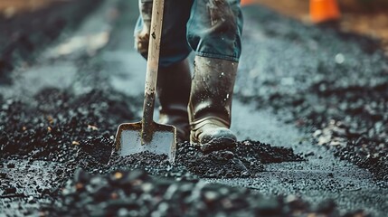 A worker using a shovel to lay asphalt on a road, showcasing construction and maintenance efforts.