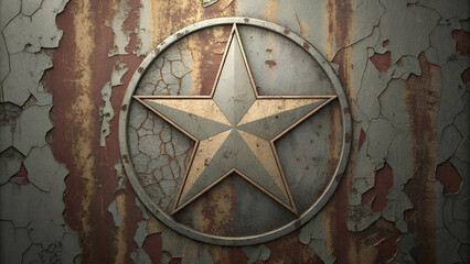 Fototapeta premium Rusty metal surface featuring a prominent star emblem and peeling paint, copy space 