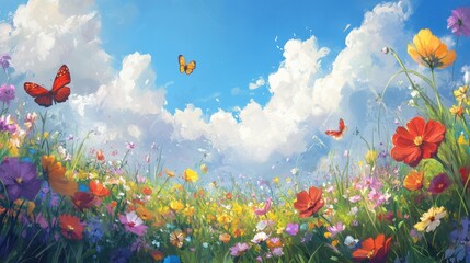 Obraz premium A vibrant spring meadow filled with blooming flowers in every color, stretching to the horizon. Butterflies flutter above, and soft clouds float in a blue sky