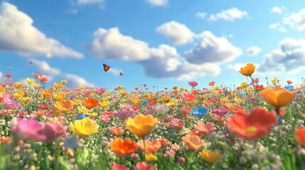 Obraz premium A vibrant spring meadow filled with blooming flowers in every color, stretching to the horizon. Butterflies flutter above, and soft clouds float in a blue sky