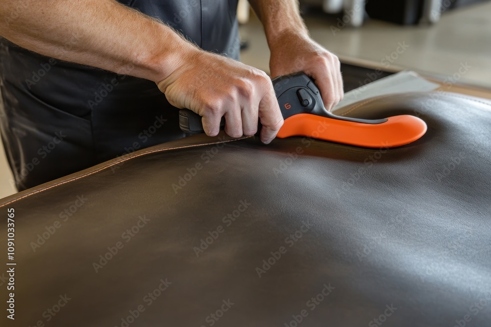 Poster A person using a tool to cut or shape leather in a workshop setting.