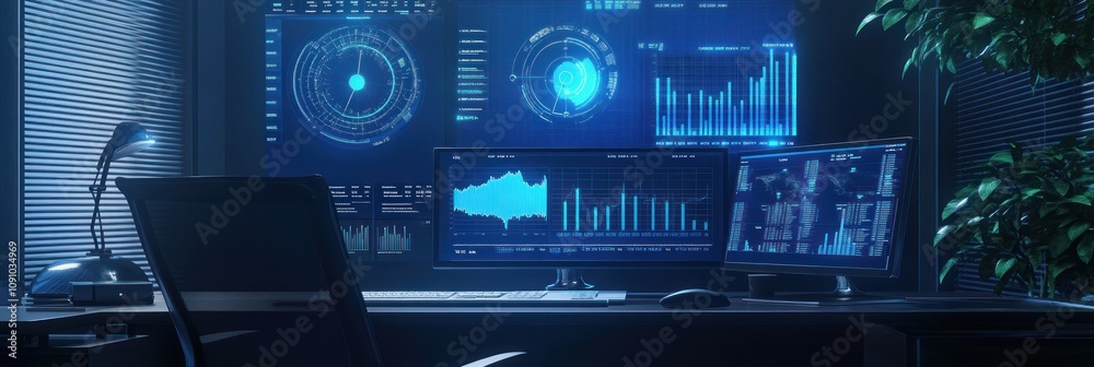 Poster A high-tech workspace featuring dual monitors displaying data and analytics.