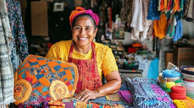 A Latino woman in a yellow shirt is sitting at a table with colorful pillows. She smiles and she is happy.