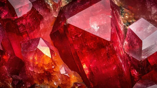 Zincite surface in extreme close-up, highlighting its vibrant color transitions from deep red to bright orange with intricate crystal formations.
