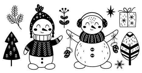 Fototapeta premium Black and white snowman clipart. Cute winter character. Christmas snowman clip art. Hand draw vector illustration in flat style