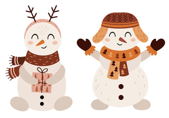 Boho snowman clipart. Cute winter character. Christmas snowman clip art. Hand draw vector illustration in flat style